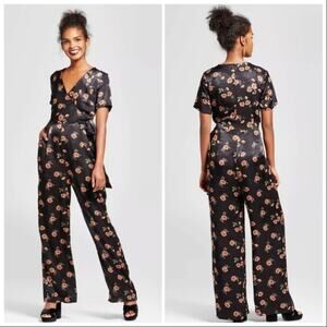 XHILARATION Black Peach Floral Satin Silky Tie Wrap Wide Leg VNeck Jumpsuit XS